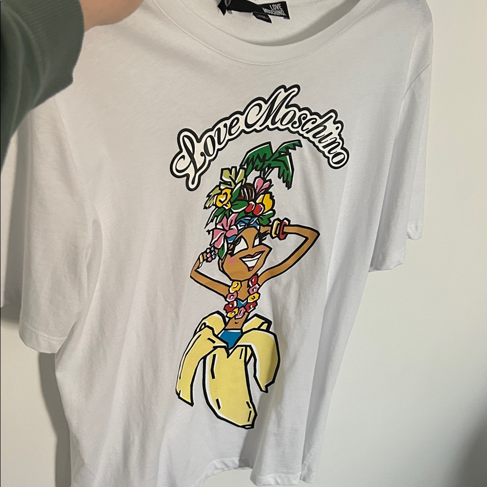 Love Moschino White Tee with Tropical Graphic
